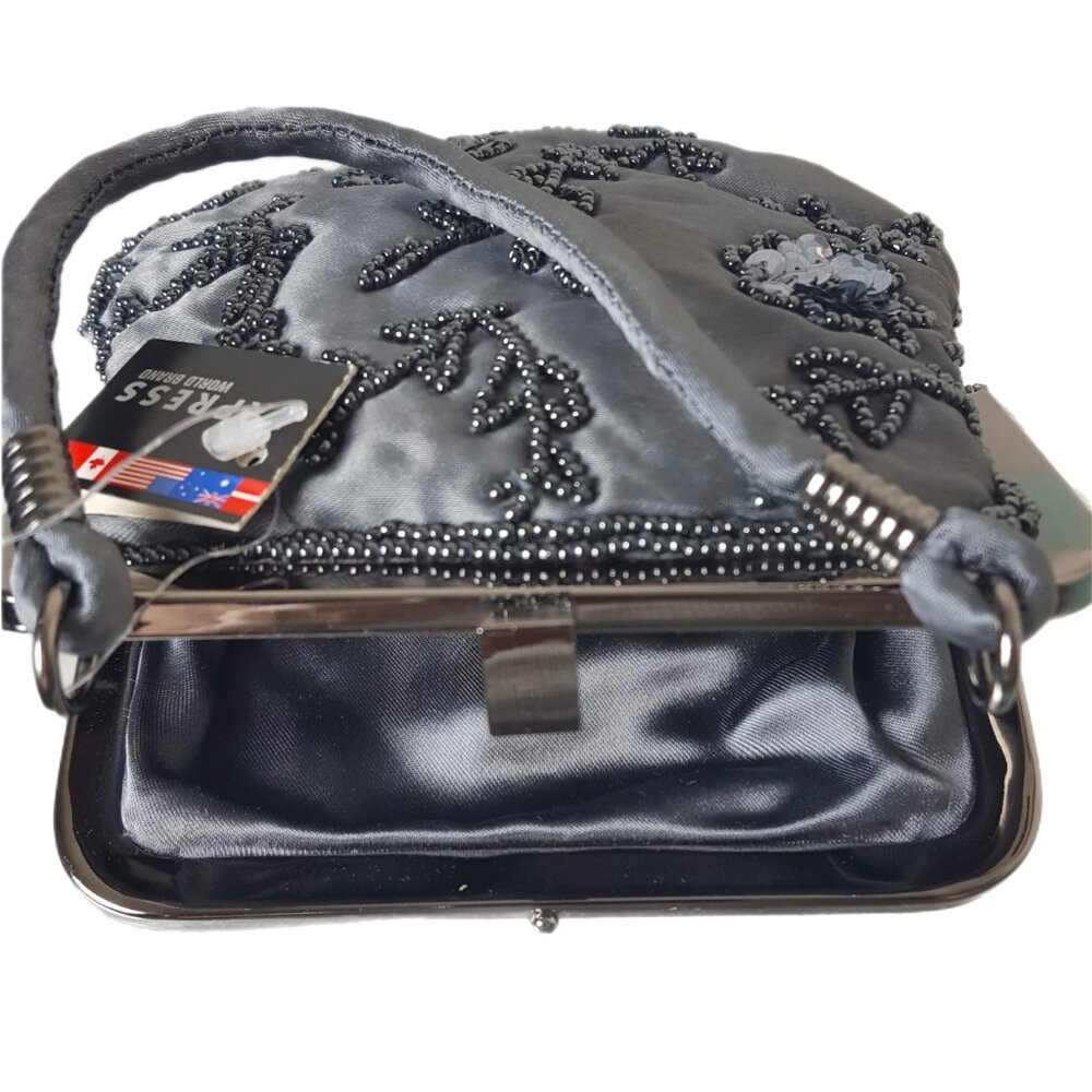 Vintage Y2K Express Beaded Satin Evening Bag NWT Gray Floral Mini Purse - Picture 4 of 9